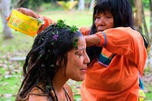 a curandera administering a plant vapor bath to a female retreat attendee